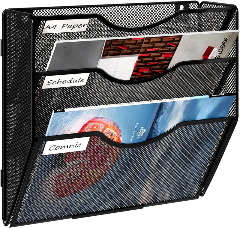 Solinxe Wall Hanging File Holder 3 Tier Wall Mounted Paper Organizer Magazine File Holder Storage Organizer, Black - Image 1